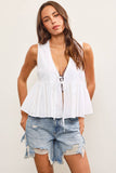 TIE FRONT SLEEVELESS PEPLUM TOP: White / S