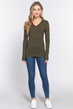 Basic Solid Long Sleeve V Neck Top: DEEP JUNGLE / 2-2-2 (S-M-L)