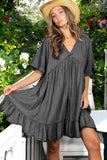 V-Neck 100%Tencel Chambray Tiered Dress VD81038A: Light Denim / S