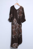 Flowy floral linen dress with 2 pockets 14945: 100% linen / Brown / One size