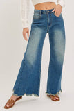 MID-RISE WIDE-LEG FRAYED HEM DENIM JEANS: DENIM BLUE / Contemporary / S