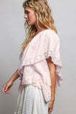 Lace Trim V Ruffle Detail Textured Woven Short Sleeve Top: OFF WHITE / S