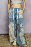 Drawstring floral patch denim pants: OLIVE / S
