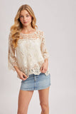 BOHO SHEER CROCHET 3/4 SLEEVED TOP WITH NO LINING: NATURAL / L