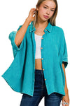 Washed Double Gauze Button Down Half Sleeve Shirt: DUSTY TEAL / 3-3 (S/M-L/XL)