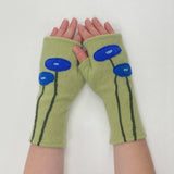 Fingerless Cashmere Gloves-Oval Poppy: Aqua on Gold / One Size Fits Most