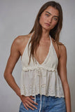 W2091 | Knit Cotton Eyelet Halter Plunge V-Neck Top: Cream / L