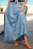 Ruffle Frayed Hem Chambray Casual Western Maxi Skirt VS83151: Washed Denim / M