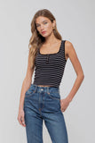 STRIPED SCOOP NECK HENLEY RIB KNIT TANK TOP: CREAM