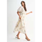 FLORAL EMBROIDERED MAXI DRESS: CREAM/MOCHA / S-M-L(3-2-1)