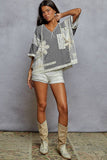 V-neck short sleeve crochet contrast solid top SALE: GREY / S