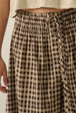 Woven Plaid Button-Front Ruffle-Hem Drawstring Maxi Skirt: Chocolate / L