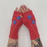Fingerless Cashmere Gloves-Wildflower: Blue on Olive / One Size Fits Most