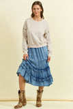 ASYMMETRICAL RUFFLE MIDI SKIRT - 6606S: DENIM / L