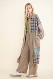 Mineral Washed Boho Plaid Patched Long Fall Jacket HT6861: Charcoal / S-M-L / 2-2-2