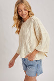 OVERSIZED BELL SLEEVE CABLE KNIT SWEATER: CREAM / S/M