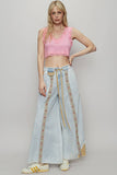 Contrast buckle back detail floral trim down woven pants: STRIPE DENIM / M