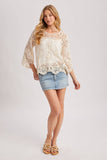 BOHO SHEER CROCHET 3/4 SLEEVED TOP WITH NO LINING: NATURAL / L