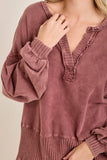 Mineral Washed Ribbed Vneck Bishop sleeve blouse HT5042P1: HotCocoa / S-M-L / 2-2-2