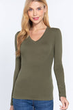 Basic Solid Long Sleeve V Neck Top: CELADON GREEN / 2-2-2 (S-M-L)
