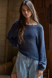 W1106 | Sweater Knit Crochet Round Neck Long Sleeve Top: Jade Green / Small