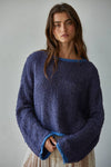W1919 | Knit Sweater Pullover Top With Contrast Hems Detail: Ivory Grey / L