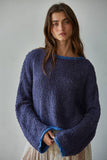 W1919 | Knit Sweater Pullover Top With Contrast Hems Detail: Ivory Grey / L
