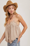 CROCHET CONTRAST CAMISOLE TOP: ALMOND / M