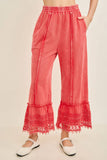 Mineral Washed Delicate lace trim hem Cropped Pants HP7236: HotCocoa / S-M-L / 2-2-2