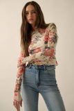 Floral-Print Mesh Mock-Neck Thumbhole Top: CREAM / L