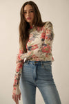 Floral-Print Mesh Mock-Neck Thumbhole Top: CREAM / S