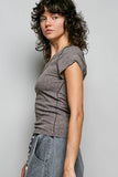 Vintage Wash V Neck Cotton Slim Fit Tee Top: HERB / S