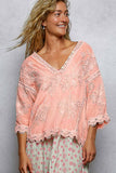 V-neck Short Sleeve Floral Embroidered Crochet Blouse Top: OFF WHITE / Os