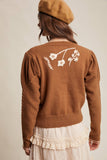 Floral Embroidered Puff Sleeve Cardigan: Tiramisu / M