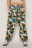 Adjustable string floral print woven harem pants: IVORY MULTI / S