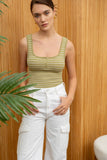 STRIPED SCOOP NECK HENLEY RIB KNIT TANK TOP: CREAM