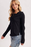 CROCHET PATCH SLEEVED HALF BUTTON ROUND NECK TOP: MUSHROOM / L