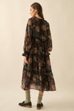 Floral-Print Tiered Ruffle Long-Sleeve Midi Dress: RETRO BLUE / M