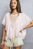 Lace Trim V Ruffle Detail Textured Woven Short Sleeve Top: PALE BLUE / L