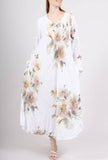 Flowy floral linen dress with 2 pockets 14945: 100% linen / Beige / One size