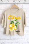 CITRUS FRESH LEMON GRAPHIC LONG CROP TOP: STONE