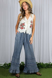 Flared Ruffle Hem Washed Chambray Crop Denim Pants VP83039: Washed Denim / M