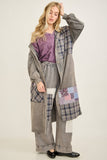 Mineral Washed Boho Plaid Patched Long Fall Jacket HT6861: Charcoal / S-M-L / 2-2-2