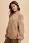 TEXTURED CABLE KNIT HIGHNECK SWEATER: OLIVE / L