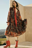 Floral-Print Tiered Ruffle Long-Sleeve Midi Dress: RETRO BLUE / S