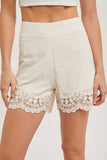 EMBROIDERED LACE TRIMMED SHORTS WITH LINING: NATURAL / L