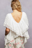 Lace Trim V Ruffle Detail Textured Woven Short Sleeve Top: PALE BLUE / M