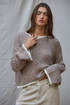 W1919 | Knit Sweater Pullover Top With Contrast Hems Detail: Ivory Grey / L