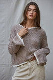 W1919 | Knit Sweater Pullover Top With Contrast Hems Detail: Ivory Grey / L