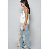 Drawstring floral patch denim pants: DENIM / M